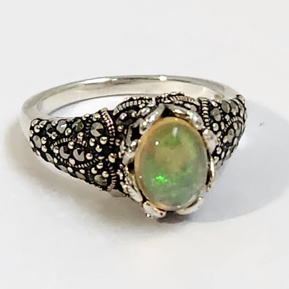 VTG 4.31g 925 Natural Ethiopian Welo Fire Opal W/ Marcasite Ring Sz 6 - Picture 8 of 15